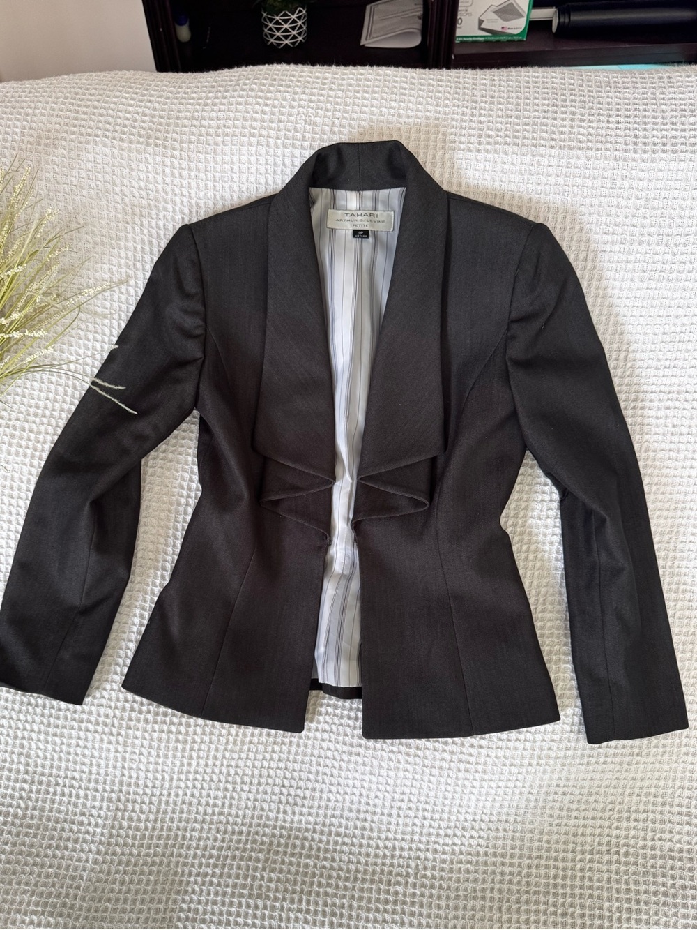 Tahari Black Draped Open-Front Blazer with Tailored Seams